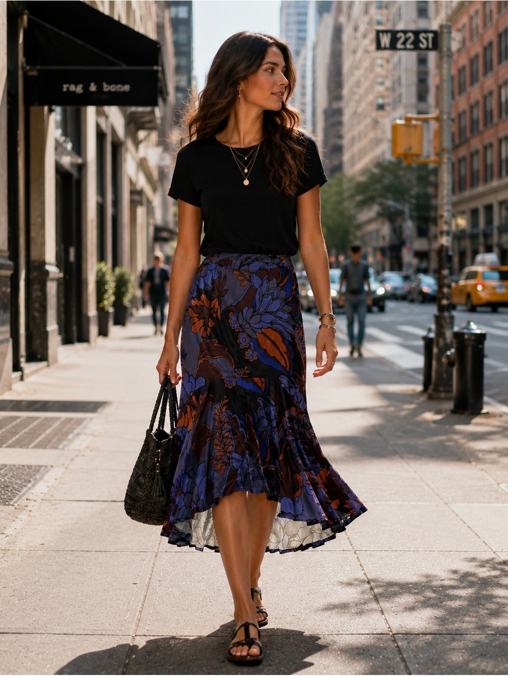 Tahari Blue and Rust Floral Midi Skirt SZ M